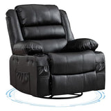 Rocking Recliner Chair for Adults Wide 360° Swivel Rocker Recliner with Cup Holder Nursery Glider with Upholstered Deep Seat PU Leather Comfy Single Sofa for Living Room Black