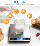 BakFee Food Scale - 15kg/33lb Digital Kitchen Scale with Full-View LCD Display, Grams and Ounces, Easy Clean Stainless Steel, 6 Units with Tare Function, Precise for Baking, Cooking & Meal Prep, Black