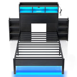 Rolanstar Twin Bed Frame with Bookcase Storage Headboard, Slide Out Bedside Storage, Bed with Charging Station & LED Lights, Heavy Duty Metal Slats, No Box Spring Needed, Noise Free, Black Rolanstar