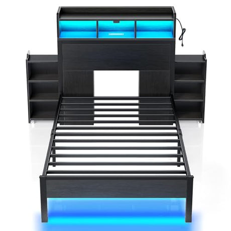 Rolanstar Twin Bed Frame with Bookcase Storage Headboard, Slide Out Bedside Storage, Bed with Charging Station & LED Lights, Heavy Duty Metal Slats, No Box Spring Needed, Noise Free, Black Rolanstar