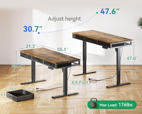 AODK Electric Standing Desk with Drawers, 55 Inch Height Adjustable Desk with Power Outlets, Sit Stand Table, Writing Computer Desk for Home, Office, Workstation, Rustic Brown - WoodArtSupply