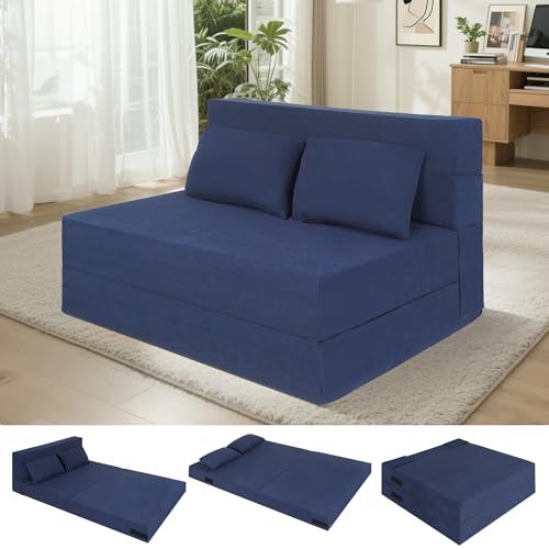Fvkind Folding Sofa Bed, 4 in 1 Convertible Sleeper Sofa Bed Chair with Pillow, Twin Memory Foam Loveseat Futon Sleeper Chair, Foldable Futon Couch for Living Room, Bedroom, Guest Room, Blue Fvkind