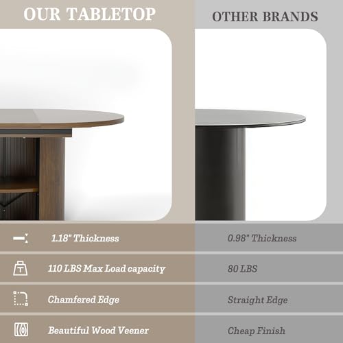 VICBARLEY Oval Extendable Dining Table with Storage,59" Storage Kitchen Table for 4-8 People with Curved Sliding Door Fluted Wood Coffee Table Thickened Tabletop for Dining Room/Kitchen,Brown VICBARLEY