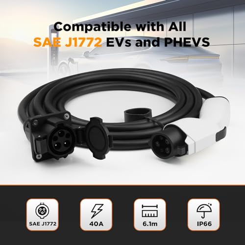 BESENERGY EV Charger Extension Cable 40 Amp 20ft Charging Cord for Electric Vehicle 220V-240V Compatible All SAE J1772 Chargers BESENERGY