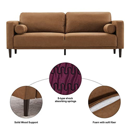 HIFIT Sofa Couches, 79” Mid-Century Modern Couch, Breathable Faux Leather Couch with Upholstered Cushions/Pillows, 3-Seat Sofas & Couches, for Living Room Apartment Office, Brown