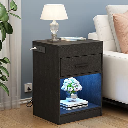 Auromie Nightstand with Charging Station and LED Lights, Concealment Furniture with RFID Lock Cabinet and Power Outlets, Bedside Table with Hidden Compartment for Valuables Storage, Black Auromie