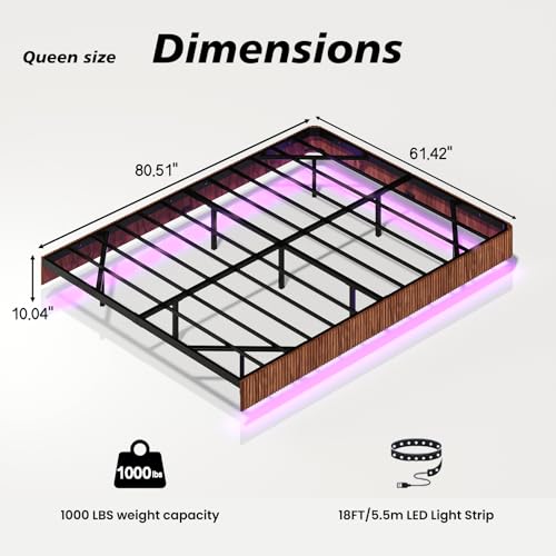 Bellemave Queen Floating Bed Frame with LED Lights, Walnut Wood Floating Bed Frame Queen, Wave Curve Wood Texture Bed with Heavy Duty Metal Slats Bellemave