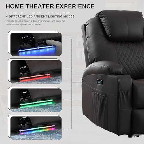 IBTKIG Power Recliner Chair with Massage and Heat, Leather Home Theater Seating with LED Lights/Cup Holders/Side Pocket/USB Port, Reclining Sofa Chair for Living Room (1, Brown)