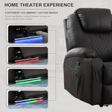 IBTKIG Power Recliner Chair with Massage and Heat, Leather Home Theater Seating with LED Lights/Cup Holders/Side Pocket/USB Port, Reclining Sofa Chair for Living Room (1, Brown)