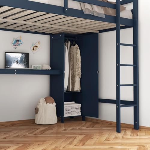 Bellemave Full Size Wood Loft Bed with L-Shaped Desk and Wardrobe,Wooden Loft Bed Frame with Bookshelf and Bookcase Headboard for Kids Teens Adults,Dark Blue Bellemave
