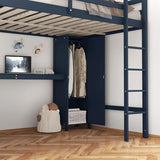 Bellemave Full Size Wood Loft Bed with L-Shaped Desk and Wardrobe,Wooden Loft Bed Frame with Bookshelf and Bookcase Headboard for Kids Teens Adults,Dark Blue Bellemave