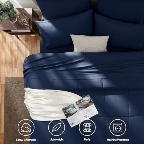 CozyLux Queen Comforter Set Navy Blue, 7 Pieces Bed in a Bag, Blue Comforter Queen Size, All Season Bedding Sets with Stitch Quilted Comforter, Flat Sheet, Fitted Sheet, Pillowcases CozyLux