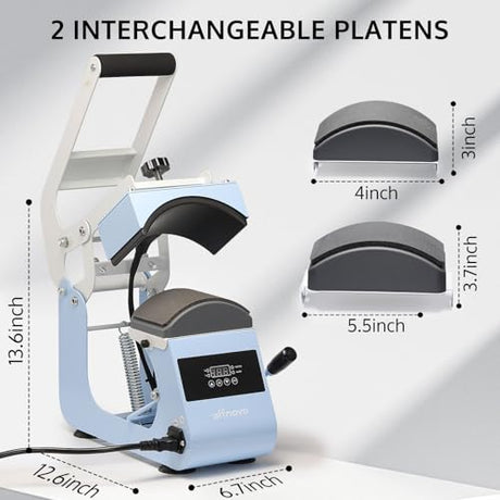 OFFNOVA Hat Heat Press Machine for Caps with 2 Interchangeable Platens, Temp & Time Control with Auto Countdown, Efficient Heat Transfer for HTV Iron On and Sublimation Projects (Handle-Blue) OFFNOVA