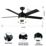 POCHFAN 52 inch Black Ceiling Fans with Lights and Remote Control, Dimmable 3-Color Temperatures LED Ceiling Fan, Wooden Quiet Reversible Modern Ceiling Fan for Bedroom, Living Room, Dining Room POCHFAN
