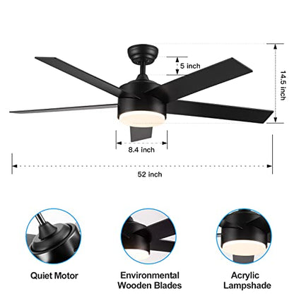 POCHFAN 52 inch Black Ceiling Fans with Lights and Remote Control, Dimmable 3-Color Temperatures LED Ceiling Fan, Wooden Quiet Reversible Modern Ceiling Fan for Bedroom, Living Room, Dining R - WoodArtSupply