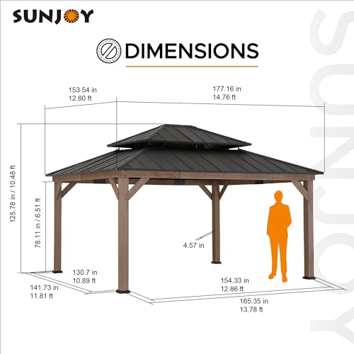 Sunjoy 13 x 15 ft. Wood Gazebo, Outdoor Patio Steel Hardtop Gazebo, Cedar Framed Wooden Gazebo with 2-Tier Metal Roof, Suitable for Patios, Lawn and Backyard, Dark Brown Roof + Dark Wood Frame Sunjoy