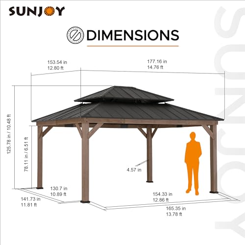 Sunjoy 13 x 15 ft. Wood Gazebo, Outdoor Patio Steel Hardtop Gazebo, Cedar Framed Wooden Gazebo with 2-Tier Metal Roof, Suitable for Patios, Lawn and Backyard, Dark Brown Roof + Dark Wood Fram - WoodArtSupply