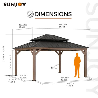 Sunjoy 13 x 15 ft. Wood Gazebo, Outdoor Patio Steel Hardtop Gazebo, Cedar Framed Wooden Gazebo with 2-Tier Metal Roof, Suitable for Patios, Lawn and Backyard, Dark Brown Roof + Dark Wood Fram - WoodArtSupply