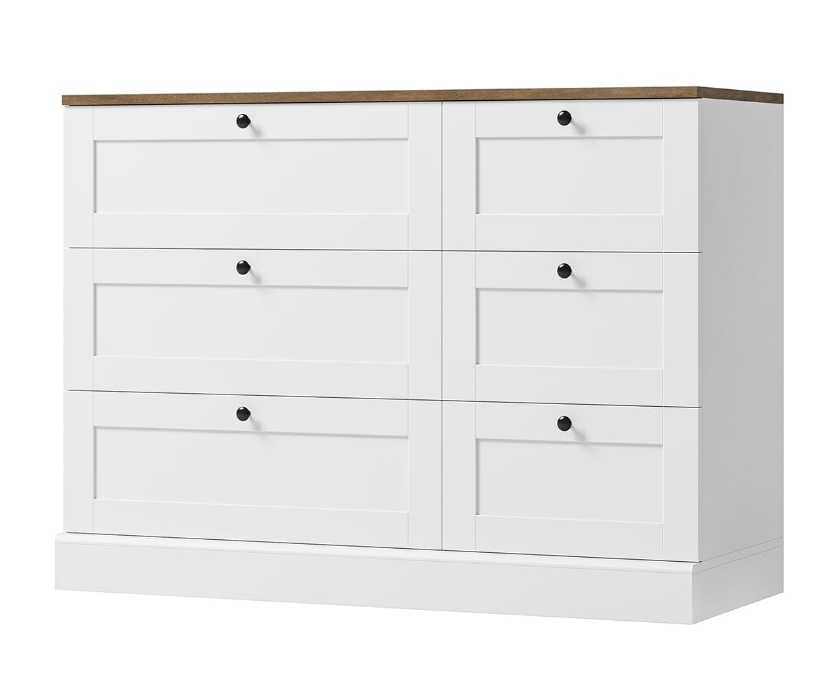 HOSTACK 6 Drawer Dresser, White Dresser for Bedroom, Wood Chest of Drawers, Wide Double Dresser, Modern Farmhouse Drawer Chest for Living Room, Hallway, Entryway, White/Rustic Brown - WoodArtSupply