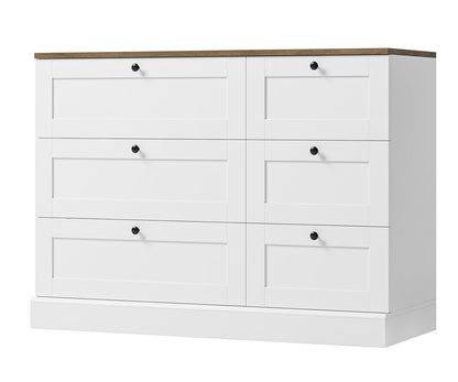 HOSTACK 6 Drawer Dresser, White Dresser for Bedroom, Wood Chest of Drawers, Wide Double Dresser, Modern Farmhouse Drawer Chest for Living Room, Hallway, Entryway, White/Rustic Brown - WoodArtSupply