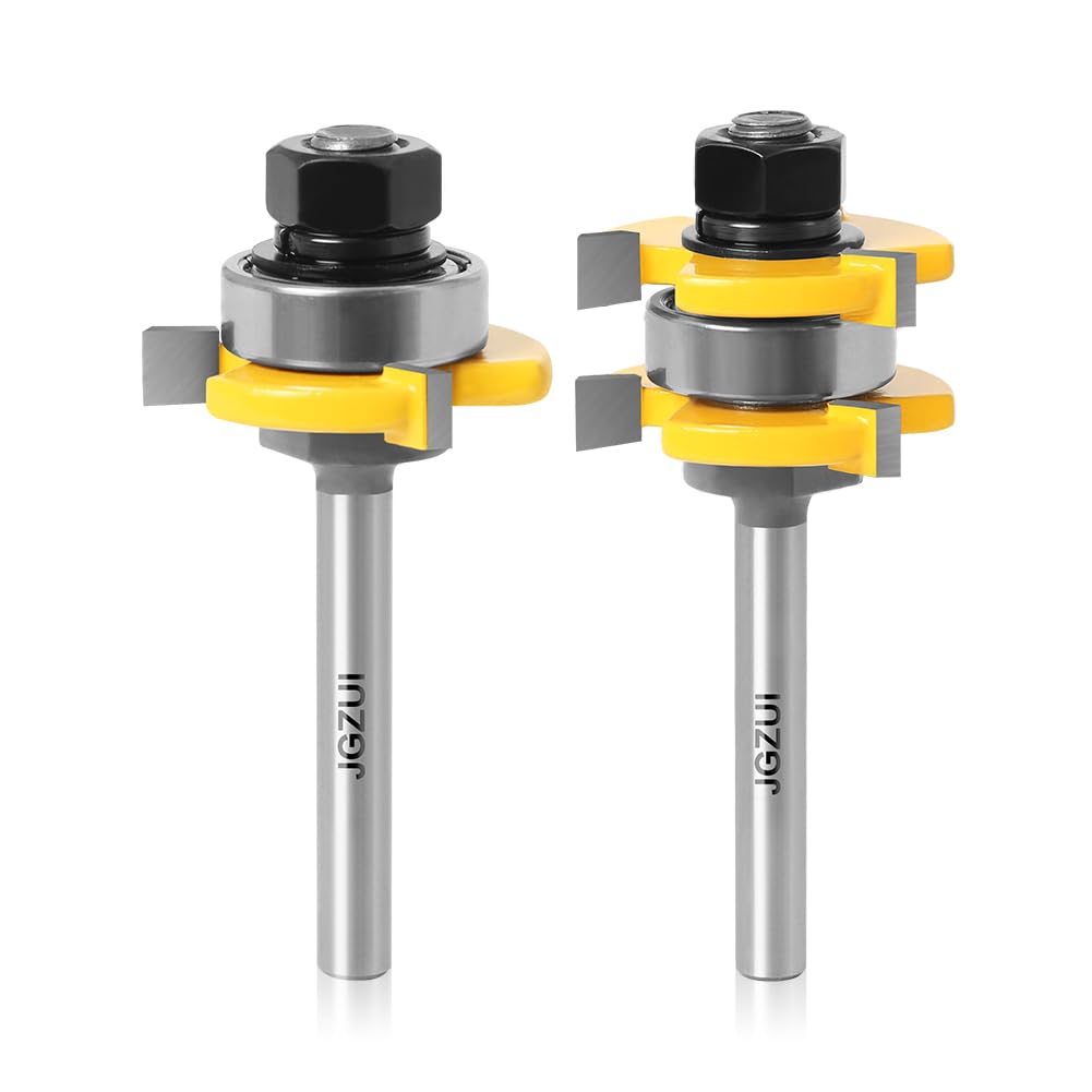 1/4 Inch Shank Tongue and Groove Set of 2 Pieces Router Bit 3 Teeth Adjustable T Shape Wood Milling Cutter，Tongue and Groove groove joints Router Bit (1/4inch Shank, 1-3/8" Diameter) JGZUI