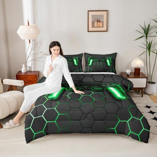 Game Bedding Sets for Boys,Gaming Comforter Set Full,Kids Gamer Duvet Set Neon Lights Gamepad Bed Set for Teen Men Bedroom,geometric Honeycomb Hexagon Comforter with 2 Pillow Shams,Green Grey Erosebridal