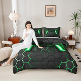 Game Bedding Sets for Boys,Gaming Comforter Set Full,Kids Gamer Duvet Set Neon Lights Gamepad Bed Set for Teen Men Bedroom,geometric Honeycomb Hexagon Comforter with 2 Pillow Shams,Green Grey Erosebridal