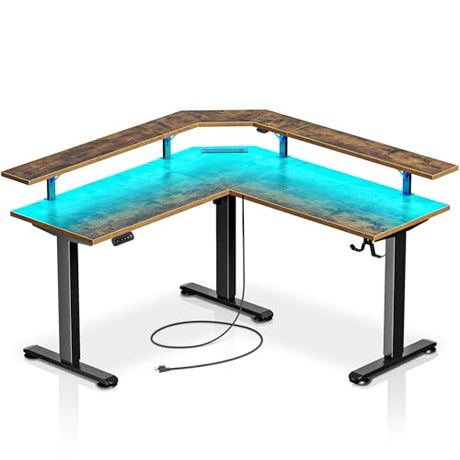 Rolanstar Standing Desk L Shaped with LED Light and Power Outlet, Electric Height Adjustable Computer Office Desk Sit Stand Up with Monitor Stand, Rustic Brown Rolanstar