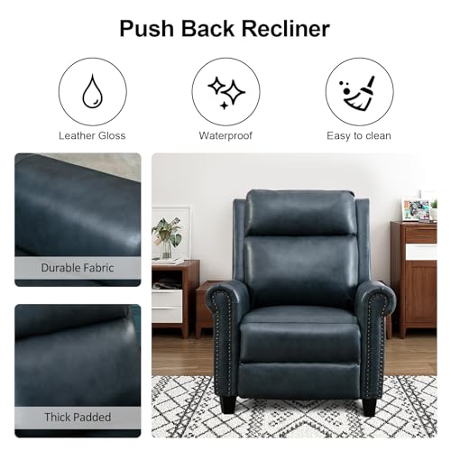 CANMOV Leather Recliner Chair, Classic and Traditional Push Back Recliner Chair with Comfortable Arms and Back for Living Room Bedroom Adjustable Single Sofa, Navy Blue