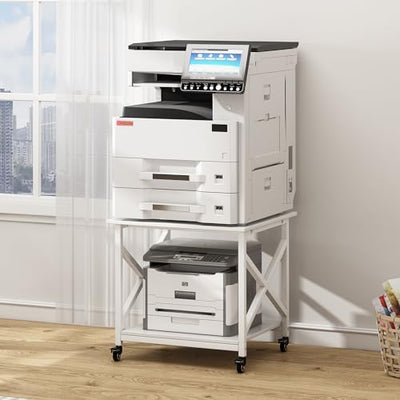 Fannova 23.6 x 23.6 Inches Large Printer Stand, 2 Tier Square Printer Table with Storage Shelf for Home Office, Multi-use Rolling Cart with Wheels for Laser Printer, 3D Printer and Mini Fridge - White