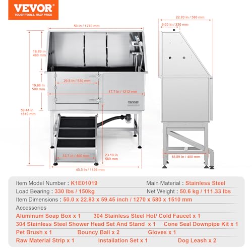 VEVOR 50" Pet Dog Bathing Station w/Ramp, Professional Stainless Steel Dog Grooming Tub w/Soap Box, Faucet,Rich Accessory, Dog Bathtub for Large,Medium,Small Pets, Washing Sink for Home Left - WoodArtSupply