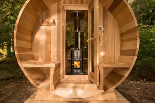 AURGOD Outdoor Barrel Canadian Hemlock Sauna with Porch, Wood Burning Stove Sauna with Large Glass Windows for 4 Person, Scenic Porch, Wood Fire Sauna, Luxurious Texture AURGOD