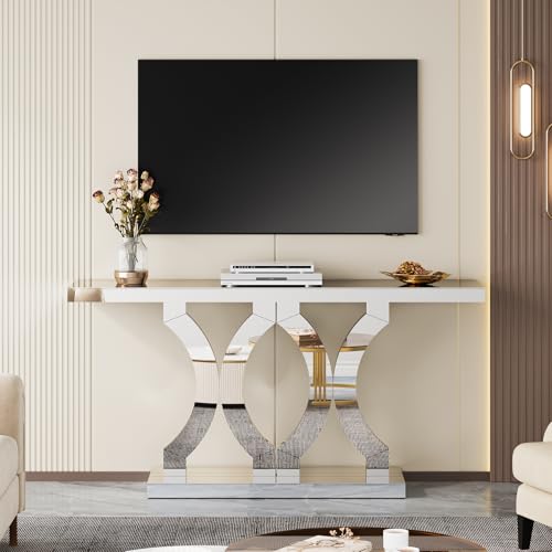 Condemo 55 Inches Mirrored Console Table, Entryway Table with Geometric Base, Modern Sofa Table Behind Couch for Living Room, Accent Table for Hallway, Foyer, Entrance (Silver Mirror) Condemo