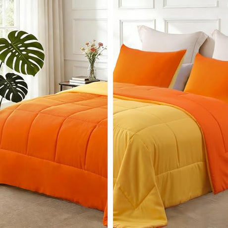 Exclusivo Mezcla Lightweight Reversible King Size Comforter Set, Down Alternative Comforter with 2 Pillow Sham, King Size Bedding Set for All Seasons, Orange/Yellow Exclusivo Mezcla