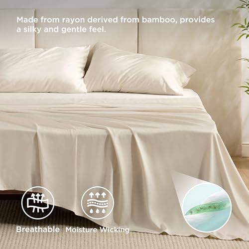 Bedsure Queen Sheet Set, Rayon Derived from Bamboo, Cooling Sheets, Breathable & Soft, Deep Pocket Up to 16", Hotel Luxury Silky Bedding for Hot Sleepers, Light Beige Bedsure