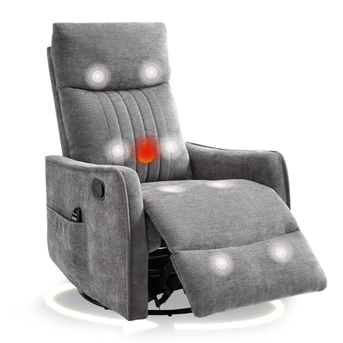 cinkehome Heated Massage Swivel Rocker Recliner Chair for Nursery - Small Space Reclining Chair with Lumbar Support, 360° Swivel & Gentle Rocking, Ergonomic High Back Chenille Fabric Gray