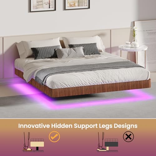 Bellemave King Floating Bed Frame with LED Lights, Walnut Wood Floating Bed Frame King, Wave Curve Wood Texture Bed with Heavy Duty Metal Slats Bellemave
