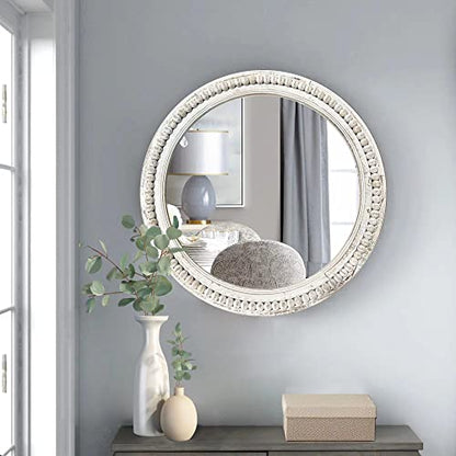 dwellington Rustic Round Wall Mirror, 24 Inch Wood Circle Mirror with Beads, Decorative Farmhouse Mirror for Living Room, Bedroom, Kitchen, Entryway (White) - WoodArtSupply