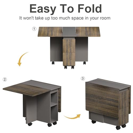 5 Pieces Folding Dining Table Set for 4-6 People,55 Inch Folding Dinner Table with 4 Chairs -Space-Saving Kitchen Dining Set with 6 wheels and 2-Layer Storage Shelf for Dining Room Small Apartment SYMCAVE