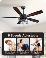 EDISHINE 52 Inch Farmhouse Ceiling Fans With Lights, Rustic Ceiling Fan With Light and Remote, 5 Wood Blades Ceiling Fan with Timer, 6 Speeds Reversible DC Motor for Bedroom, Patio, Porch EDISHINE