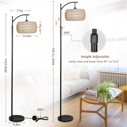 Arc Floor Lamp with Remote Control, Dimmable LED Floor Lamp with 3 Color Temperature, Black Standing Lamp with Rattan & Fabric Double Drum Shade, Boho Farmhouse Tall Pole Lamp for Living Room - WoodArtSupply