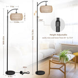 Arc Floor Lamp with Remote Control, Dimmable LED Floor Lamp with 3 Color Temperature, Black Standing Lamp with Rattan & Fabric Double Drum Shade, Boho Farmhouse Tall Pole Lamp for Living Room Bedroom eyassi