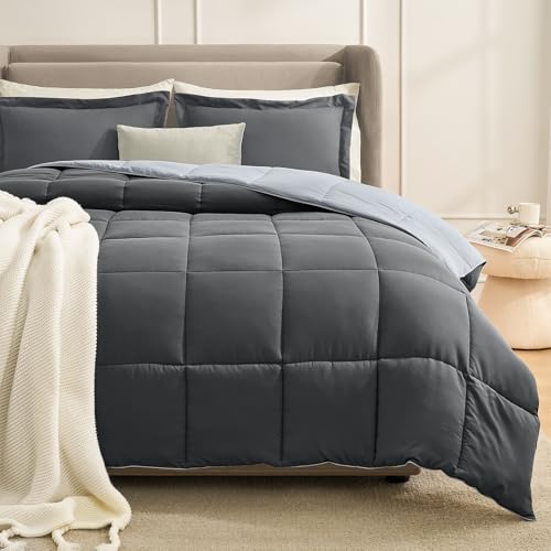 Homelike Moment Queen Comforter Set Grey, Comforters Queen Size Set, Soft Lightweight Down Alternative Bed Comforter Full Size Reversible All Season 3 Pieces Sets Grey/Light Gray Homelike Moment