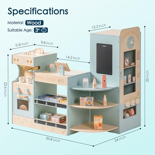 ROBUD Grocery Store Playset, Kids Play Store, Wooden Supermarket Playset with Cash Register, Chalkboard, Vending Machine, Coffee Machine, Oven, Play Food Accessories, Gift for Boys Girls 3+ ROBUD