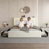 Full Size Bed Frame with 4 Storage Drawers and LED Lights, Upholstered Platform Bed with Adjustable Headboard and Charging Station, Metal Slats Support, No Box Spring Needed,Easy Assembly, White E-Motie