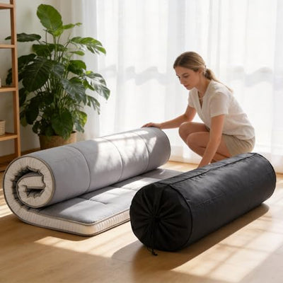 Tiita Queen Memory Foam Mattress Topper, 4" Thicken Futon Floor Mattress with Storage Bag and 2 Straps, Portable Roll Up Travel Car Camping Mattress Sleeping Pad, Grey