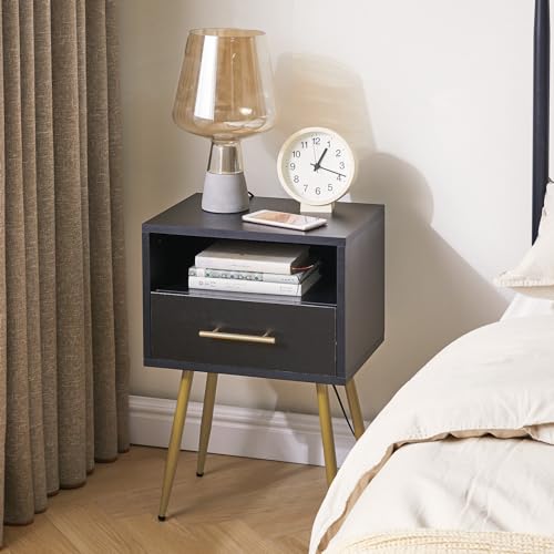 IBUYKE Nightstand, Mid Century Modern Night Stand, Bedside Table with Drawers and Open Storage Shelf, End Side Table with Metal Legs, for Bedroom, Small Spaces,Black UWNS004B IBUYKE