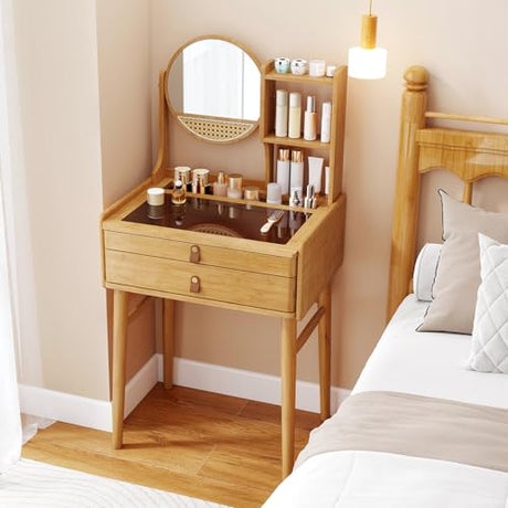 CHARMAID Small Vanity Desk with Mirror, Glass Top Bamboo Makeup Vanity Table with Storage Drawers & Shelves, Tabletop Groove, Rotatable Mirror, Compact Dressing Table for Bedroom Small Spaces, 23.5"W CHARMAID