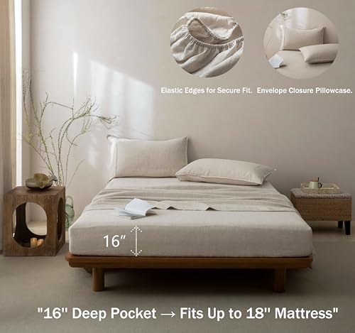Talasily 100% French Pure Linen Sheets Set Twin Size,Oeko-TEX Certified Bedding, All-Season Breathable for Hot Sleepers,16 Inch Deep Pocket Machine Washable 3-Piece (Natural Linen) Talasily