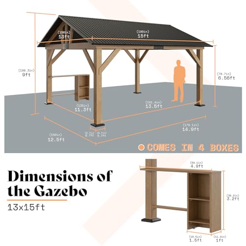 AMERLIFE 13x15 ft Wood Gazebo, Hardtop Gazebo with Metal Steel Gable Roof, Outdoor Gazebo with Bar Storage Space for Garden, Patio, Garage, Black + Natural Wood AMERLIFE
